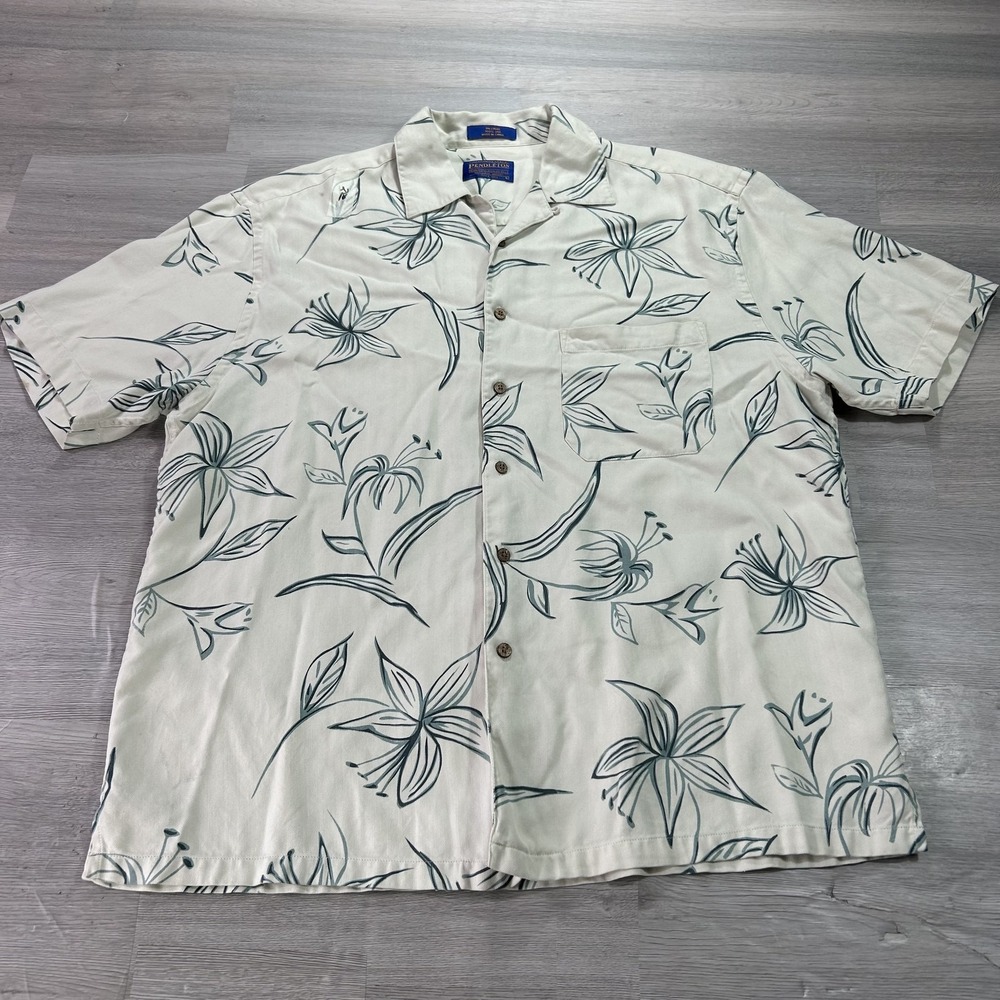 Pendleton Shirt Mens Large White Floral Hawaiian Silk Short Sleeve Button Up